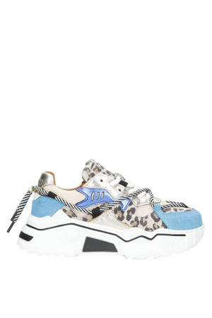 Jupiter leopard chunky leren sneakers beige/blauw