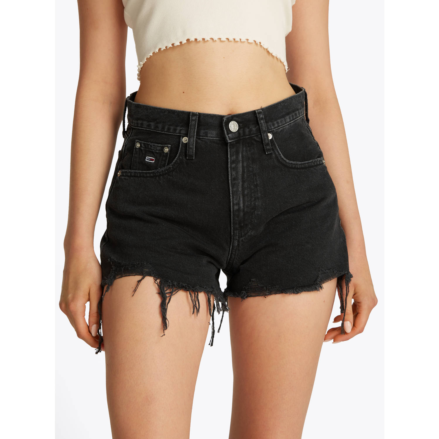 Tommy Jeans straight high waist denim short black denim