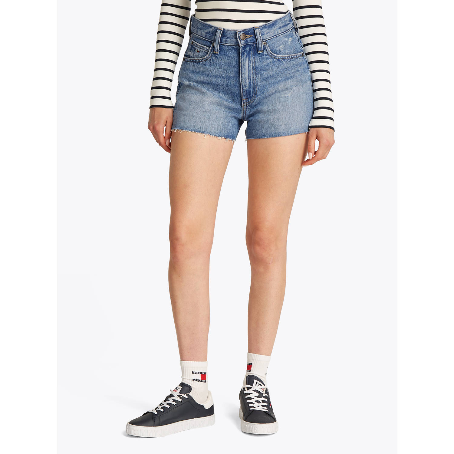 Tommy Jeans straight high waist denim short medium blue denim
