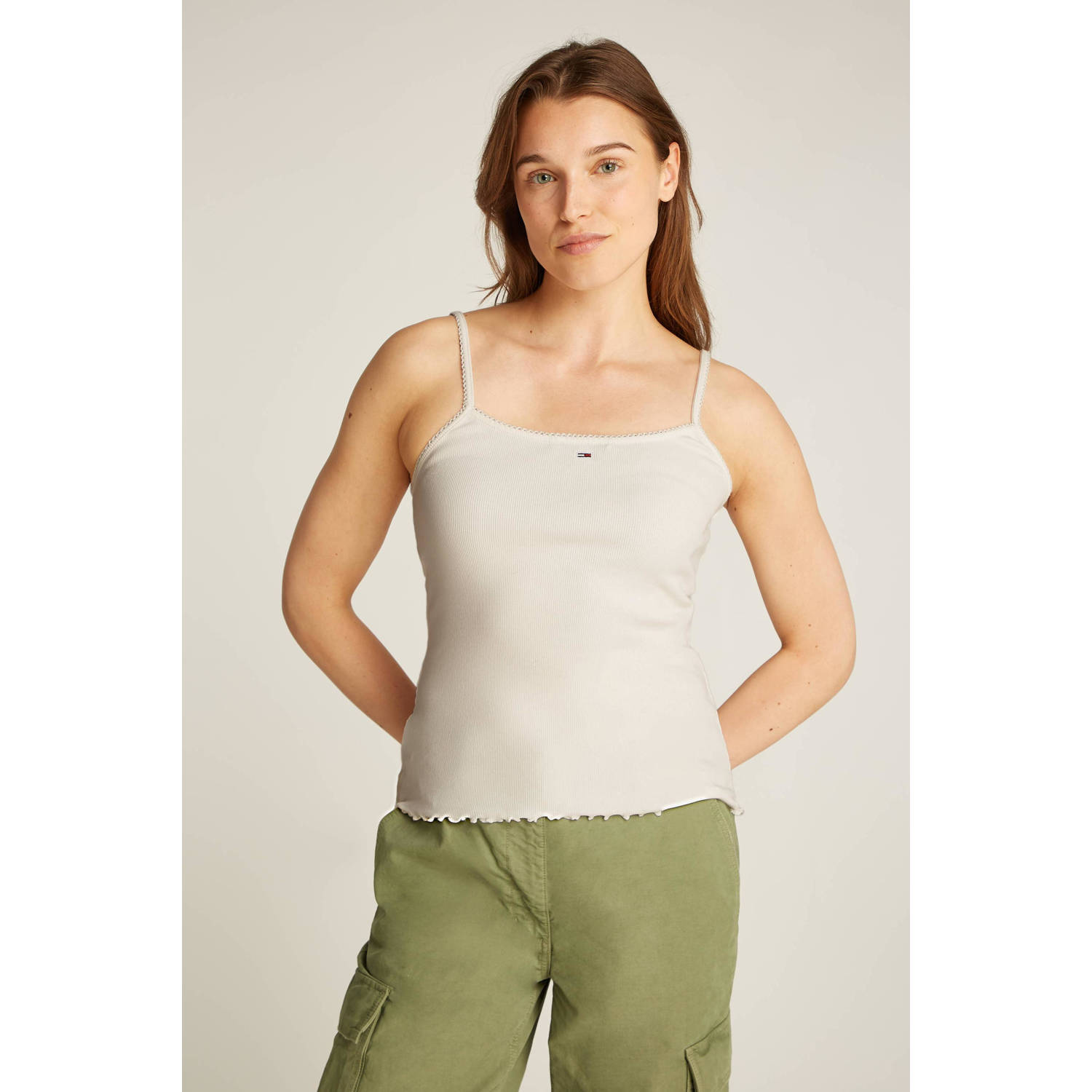 Tommy Jeans spaghettitop ecru rib gebreid