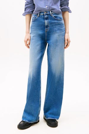 high waist wide leg jeans dark blue denim