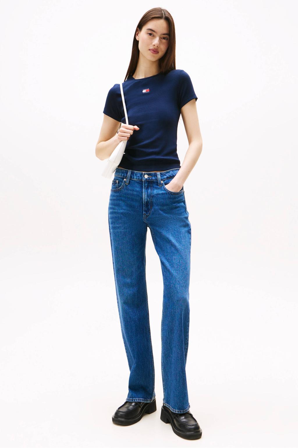 Donkerblauwe dames Tommy Jeans T-shirt van stretchkatoen met logo dessin, korte mouwen en ronde hals