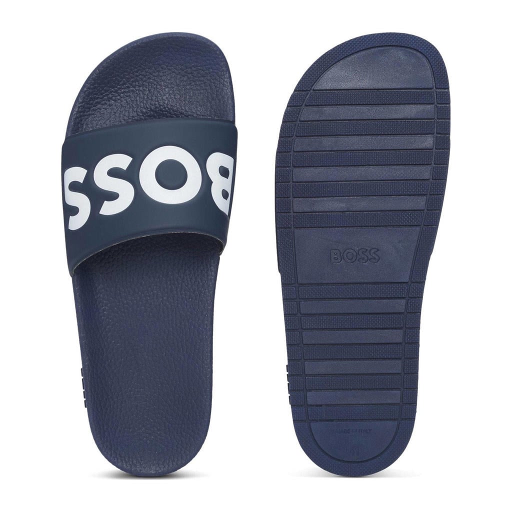 Donkerblauwe heren BOSS badslippers van plastic