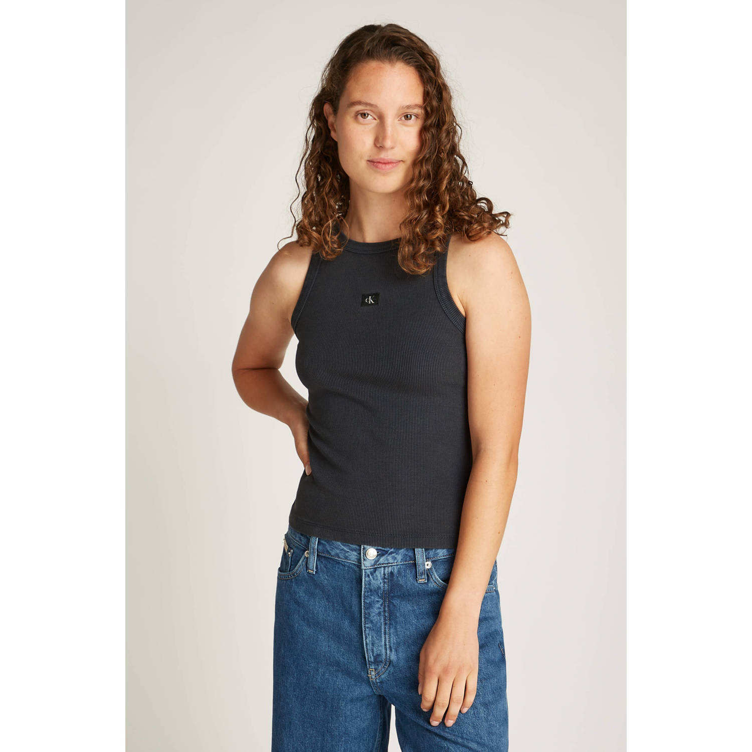 CALVIN KLEIN Dames Tops & T-shirts Washed Woven Label Rib Tank Top Zwart