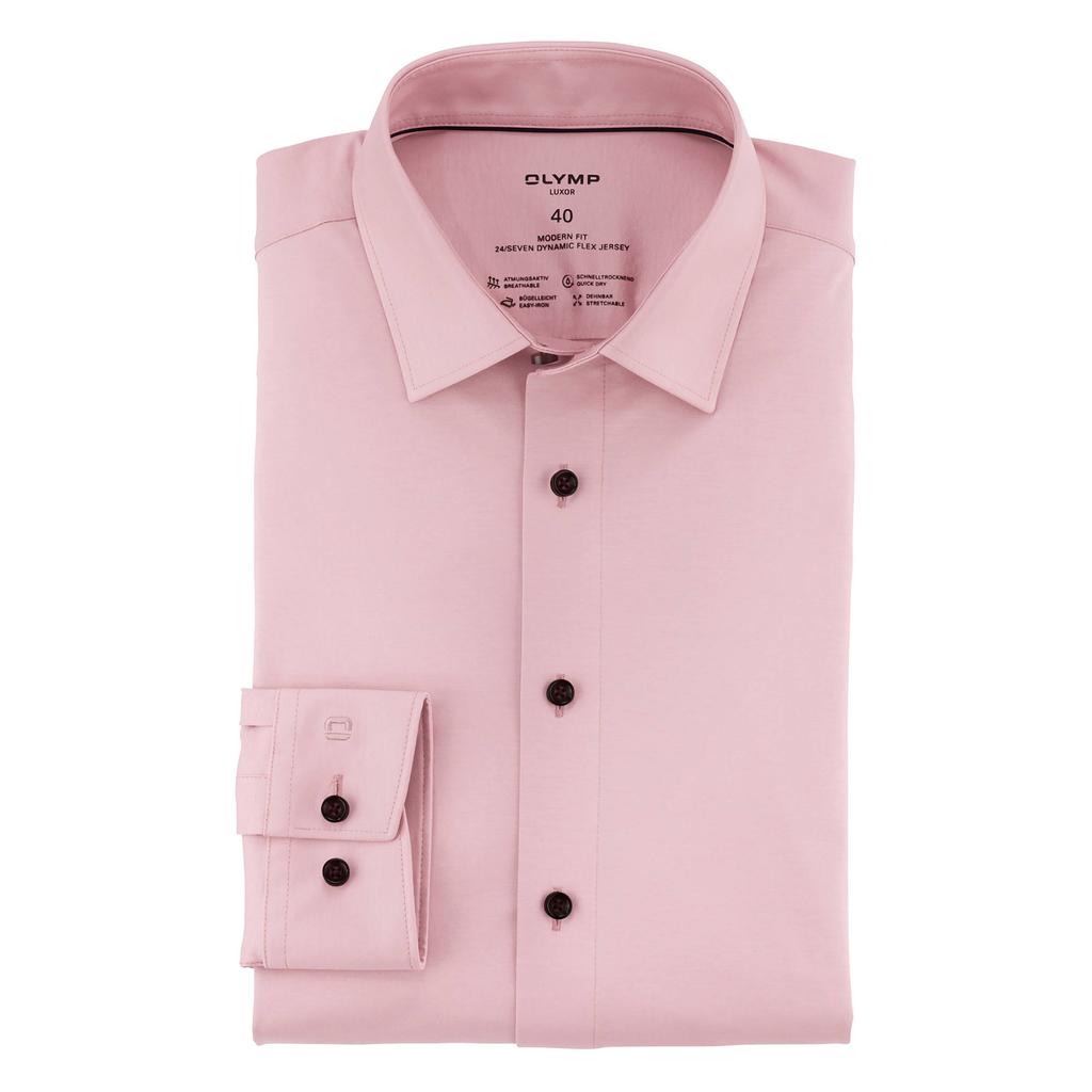 Roze heren Olymp jersey overhemd 24 7 Luxor modern fit van katoen met effen, lange mouwen en klassieke kraag
