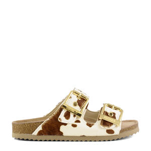   leren slippers ecru/bruin