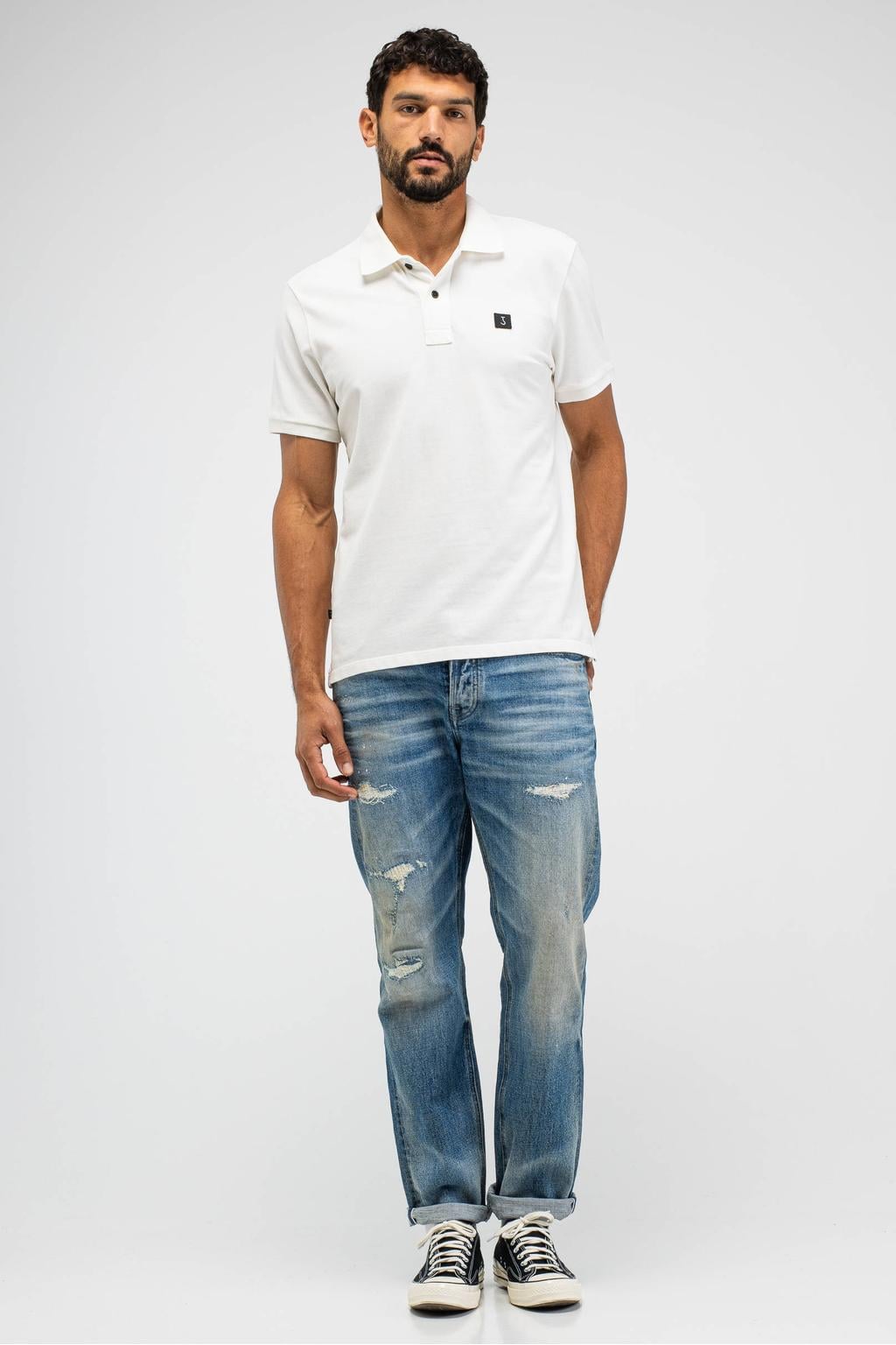 Witte heren Butcher of Blue polo van katoen met effen, korte mouwen, knoopsluiting en pique