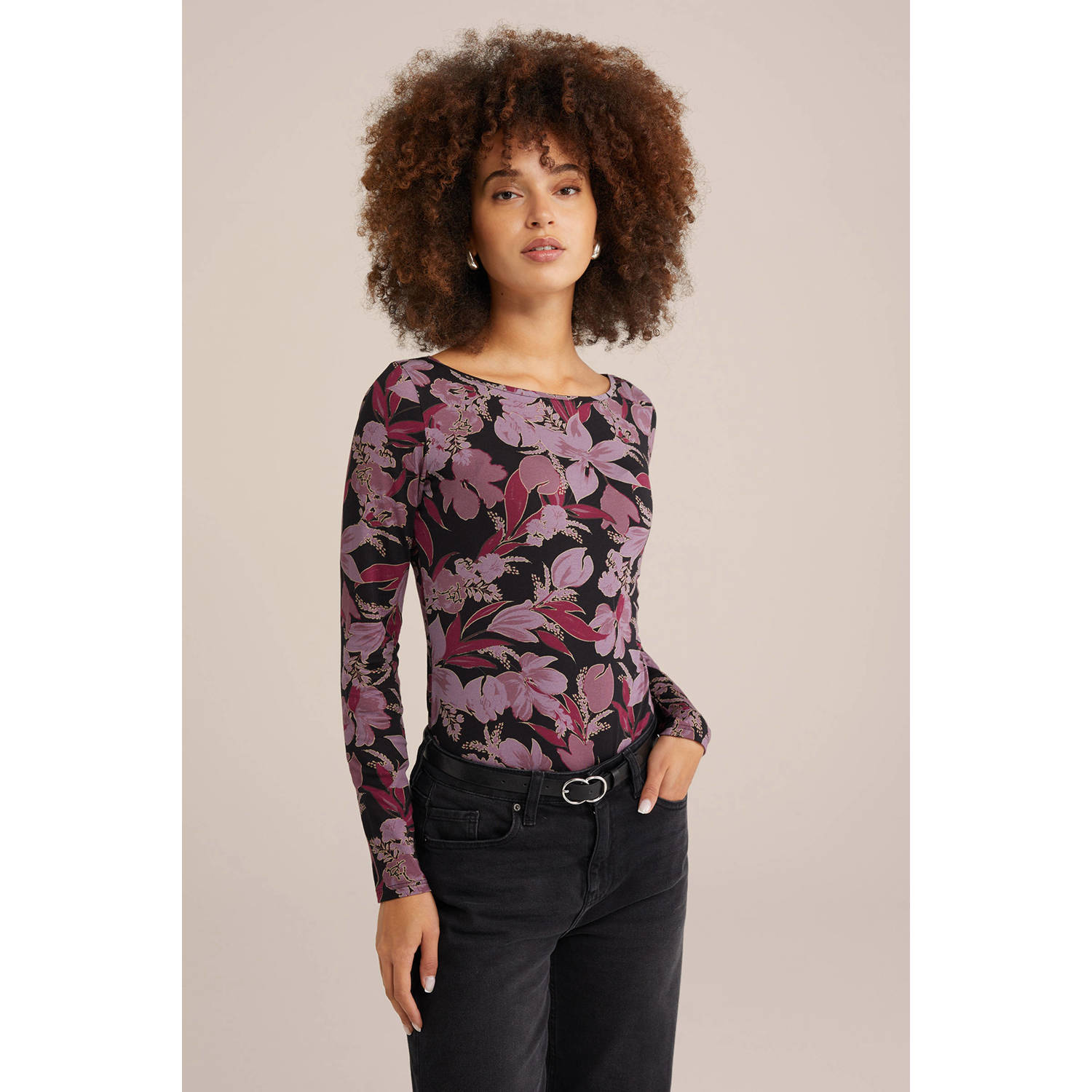 WE Fashion top met bloemenprint paars roze donkerroze