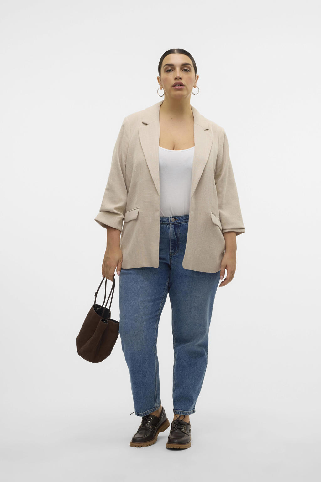 Zandkleurige dames VERO MODA CURVE regular blazer van polyester met effen, lange mouwen en reverskraag