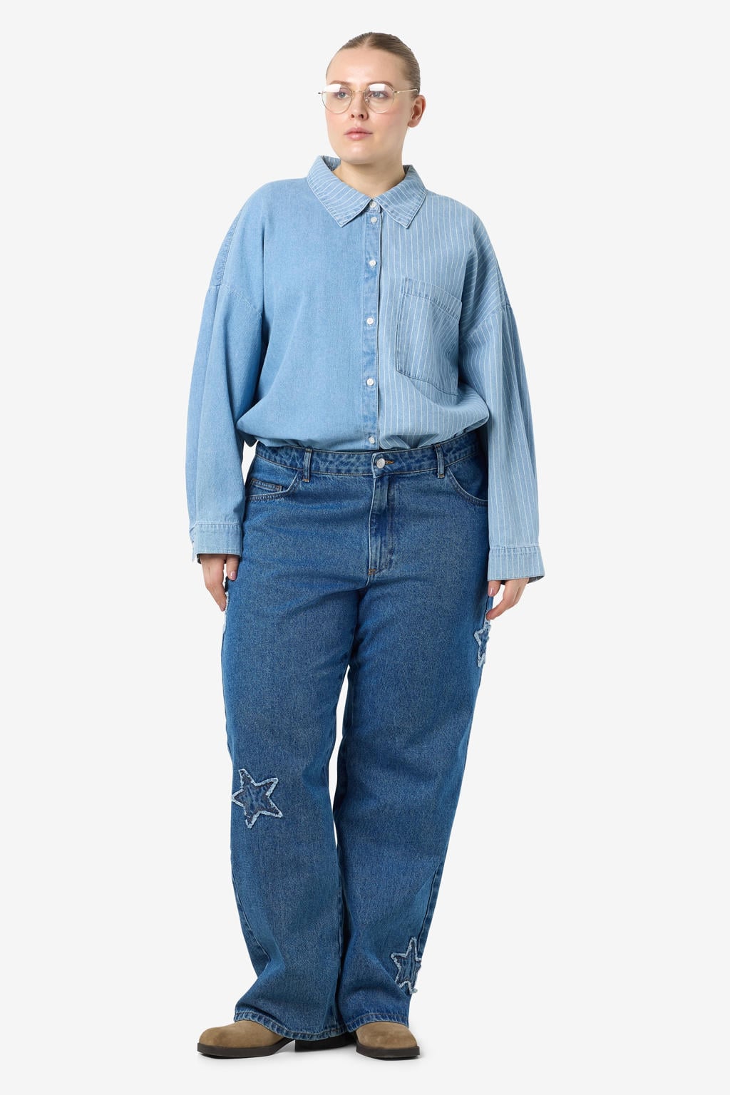 Medium blue denim dames NOISY MAY Curve high waist wide leg jeans van denim met rits- en knoopsluiting en effen