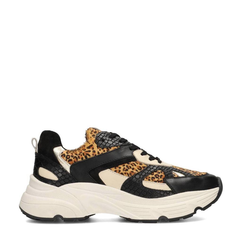 Zwart en cognackleurige dames Poelman Tokio chunky leren sneakers met veters