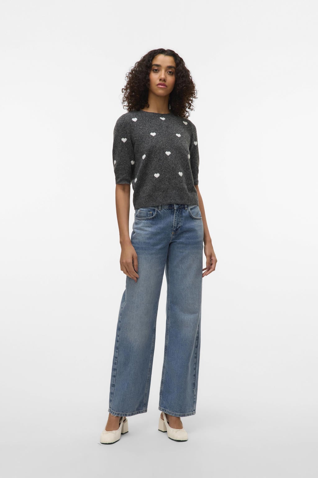 Grijze dames VERO MODA gebreide trui van polyester met melée print, korte mouwen en ronde hals
