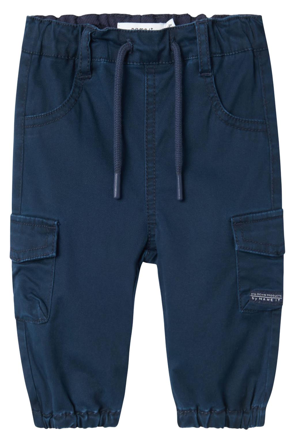 Donkerblauwe jongens NAME IT BABY baby cargobroek van katoen met loose fit, elastische tailleband met koord en effen