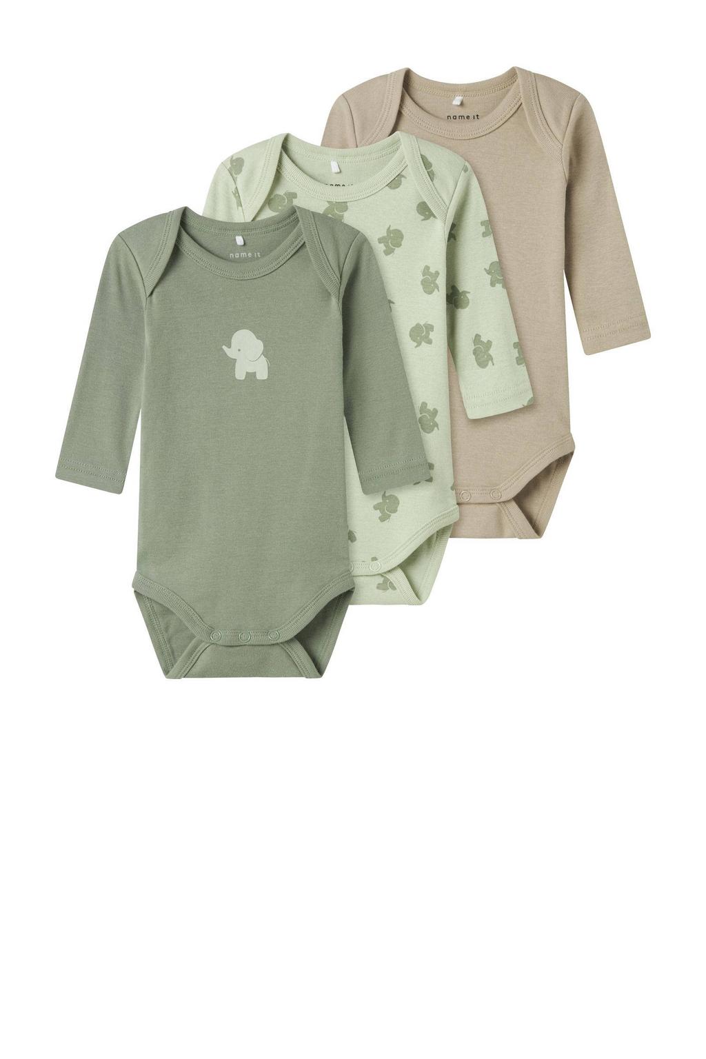 NAME IT BABY romper NBMBODY - groen/beige (set van 3)