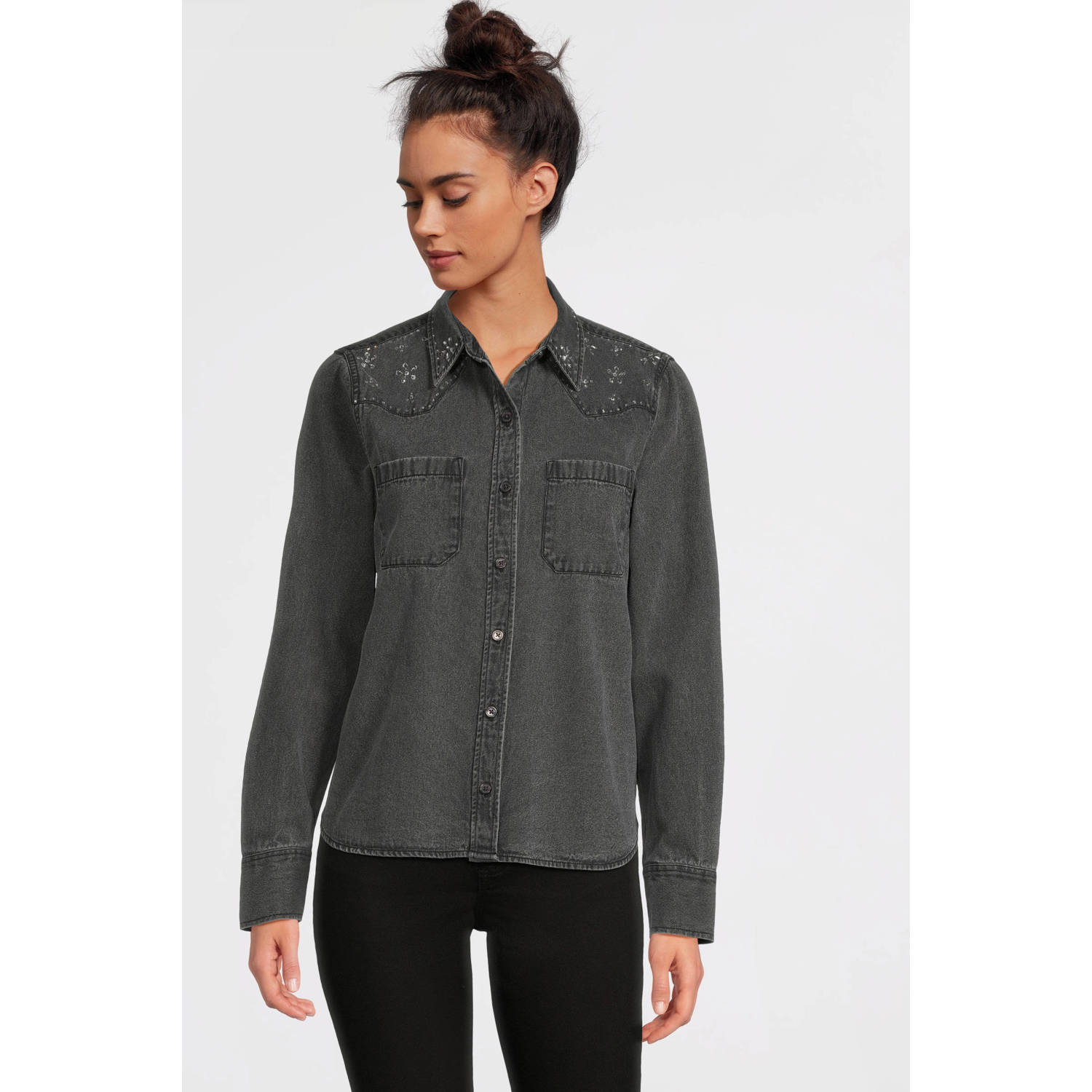 Anytime denim blouse met strass steentjes grijs