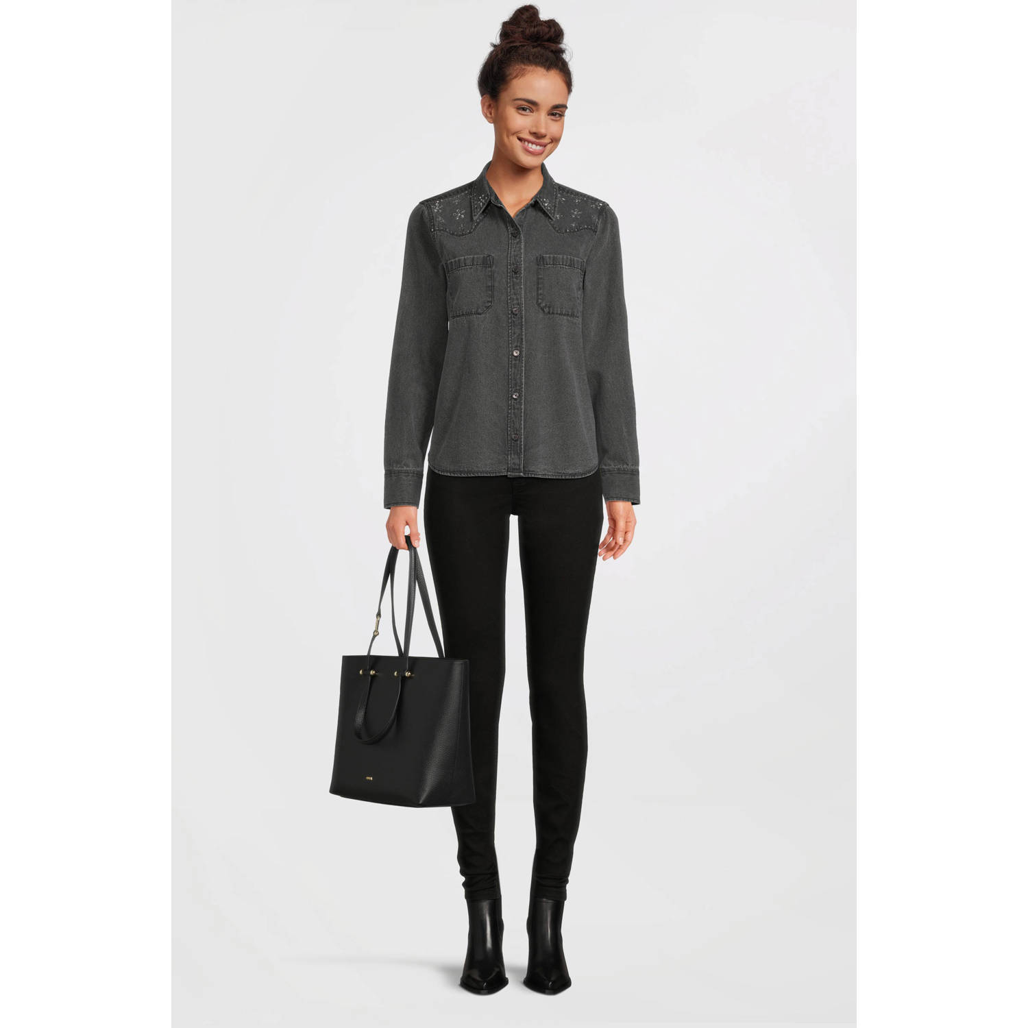 anytime denim blouse met strass steentjes grijs