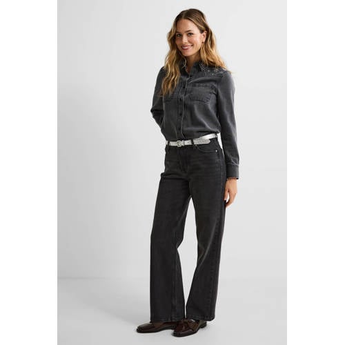 anytime denim blouse met strass steentjes grijs afbeelding
