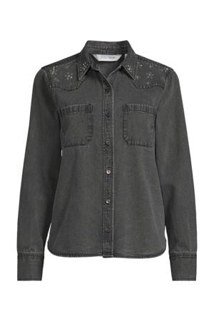 denim blouse met strass steentjes grijs
