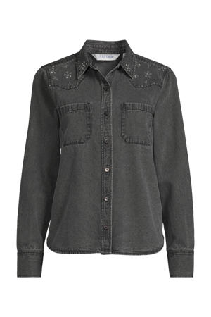 denim blouse met strass steentjes grijs