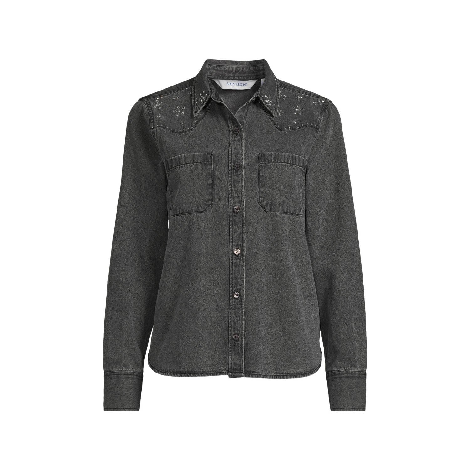 Anytime denim blouse met strass steentjes grijs