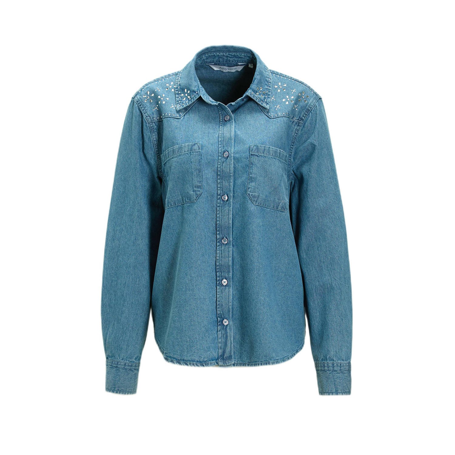Anytime denim blouse met strass steentjes blauw