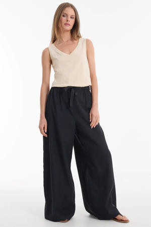 linnen wide leg broek zwart