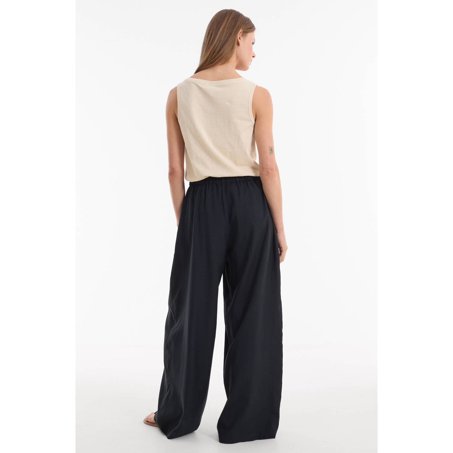 anytime linnen wide leg broek zwart