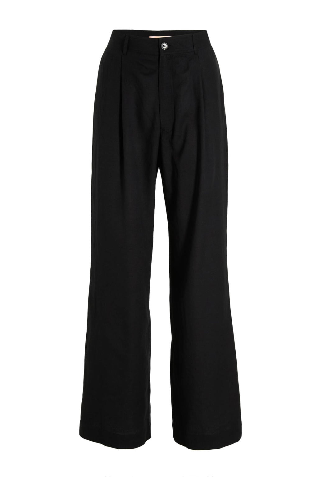 Zwarte dames Ruby wide leg broek van viscose met high waist, rits- en knoopsluiting en effen