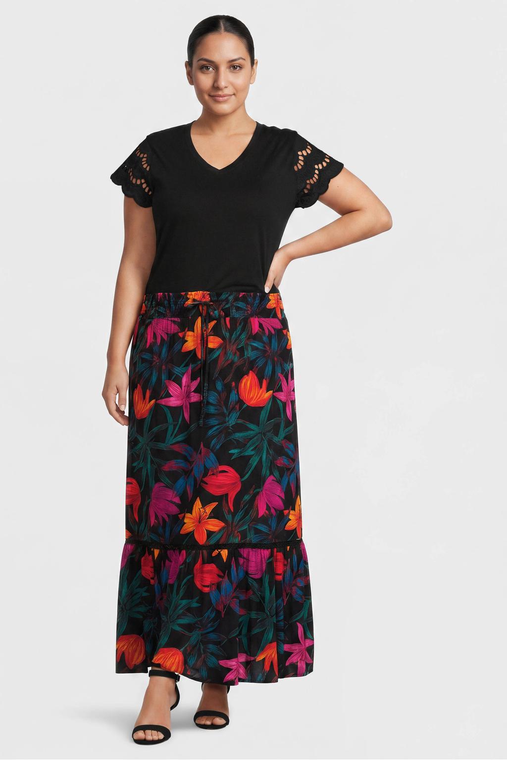 Multikleurige dames GREAT LOOKS crinkle rok bloemenprint gemaakt van viscose en met elastische tailleband met koord