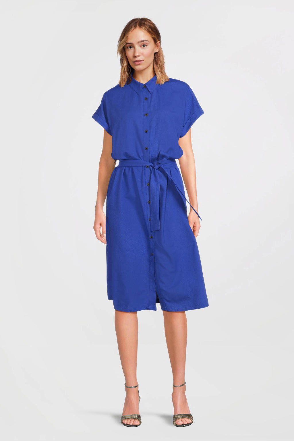 Blauwe dames Anytime jurk van viscose met effen, korte mouwen, klassieke kraag en knoopsluiting