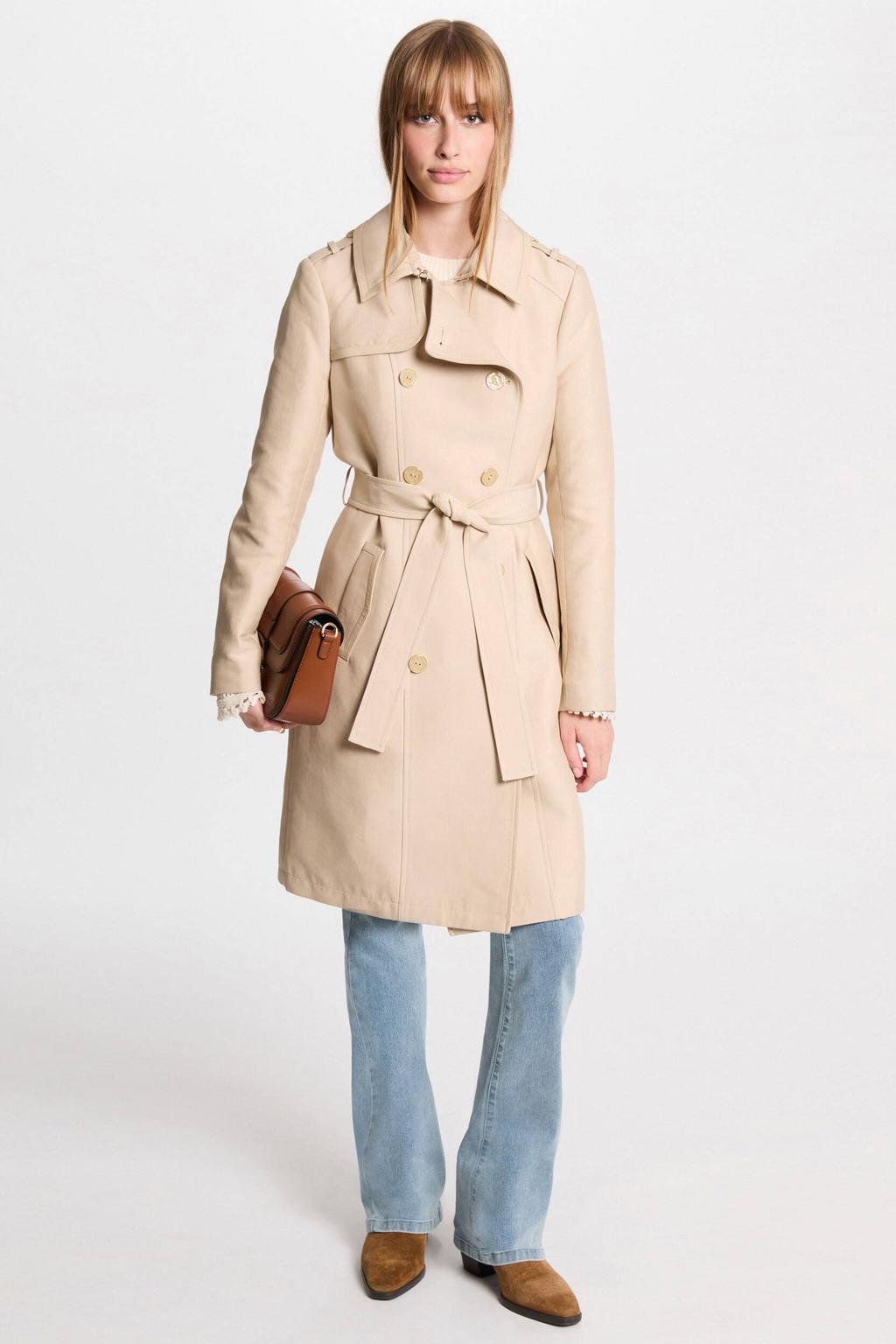Zandkleurige dames Morgan trenchcoat van polyester met effen, lange mouwen, klassieke kraag, double breasted sluiting en ceintuur