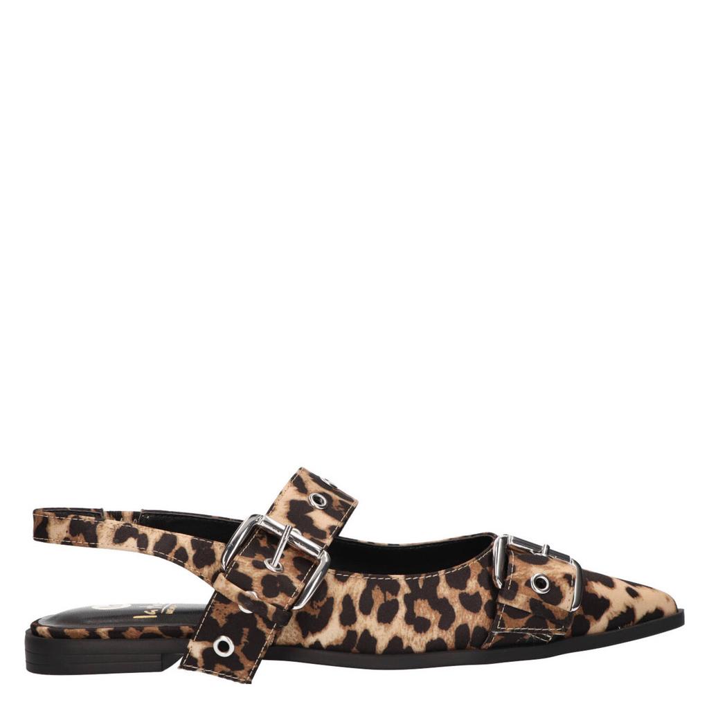 Beige en zwarte dames La Strada slingback loafers van imitatieleer met gesp en panterprint