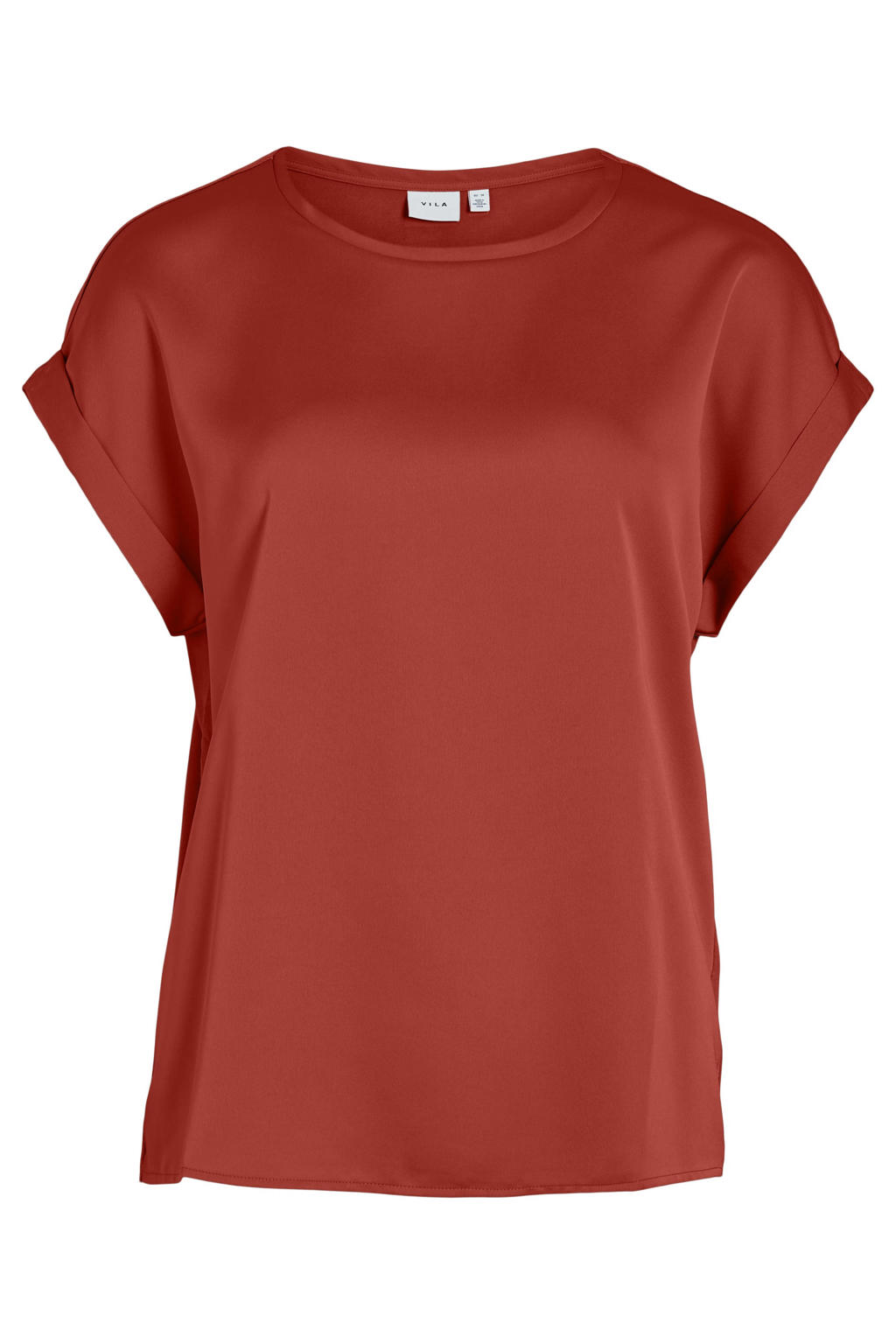 Rode dames VILA satijnen blousetop bruin van polyester met effen, korte mouwen, ronde hals en glimmend detail