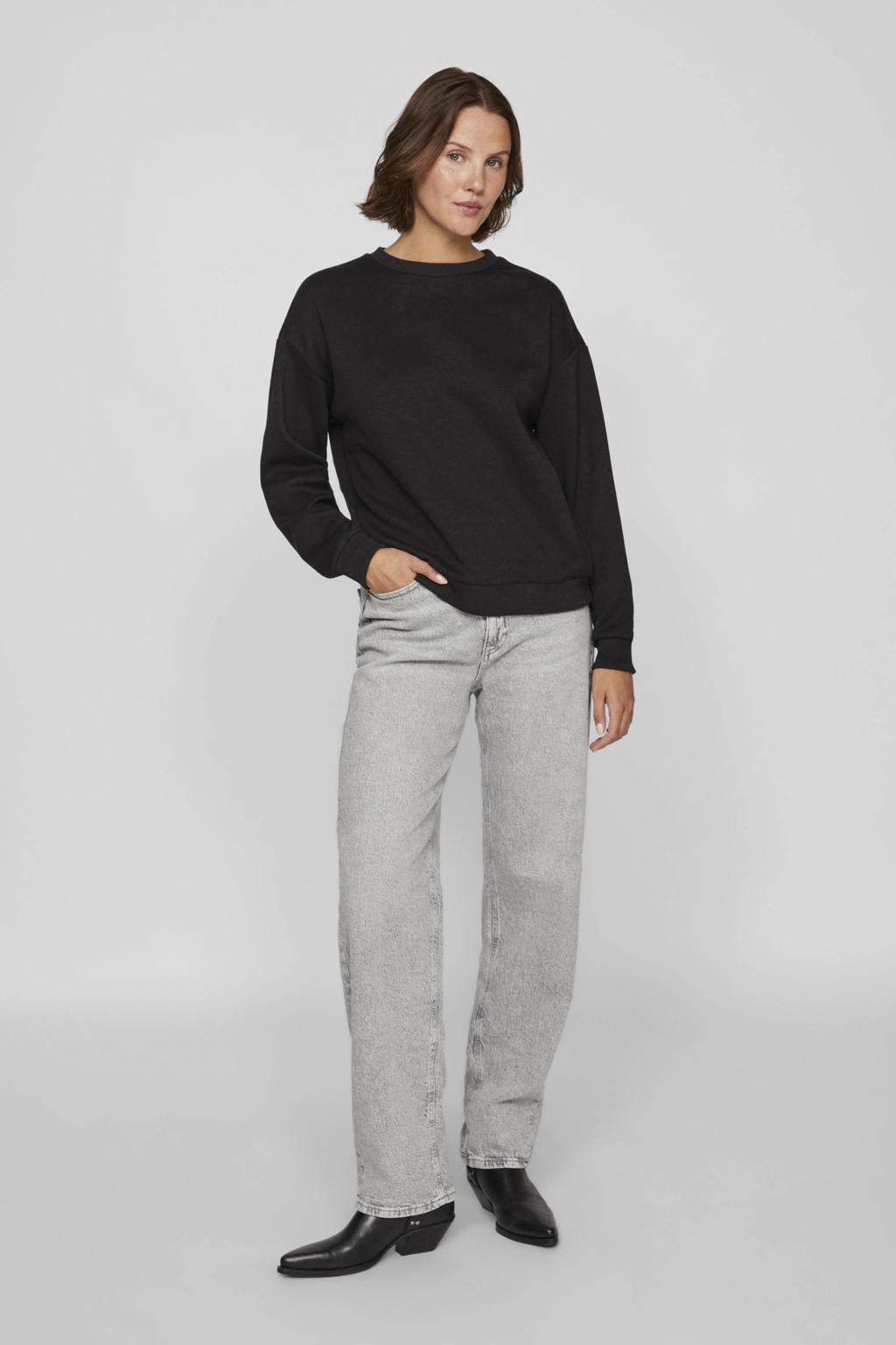 Zwarte dames VILA sweater met effen, lange mouwen, ronde hals en jacquard