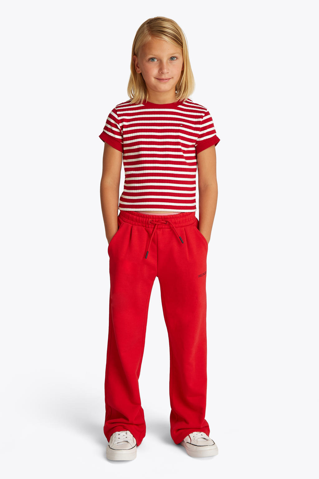 Rood en witte meisjes Tommy Hilfiger T-shirt van stretchkatoen met strepenprint, korte mouwen en ronde hals
