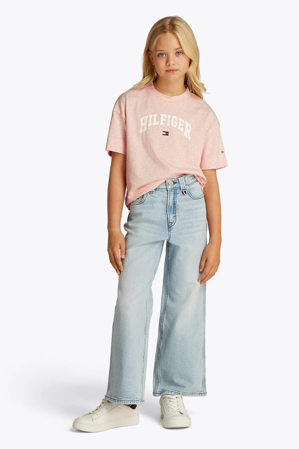Zalmkleurige meisjes Tommy Hilfiger T-shirt van katoen met logo dessin, korte mouwen en ronde hals