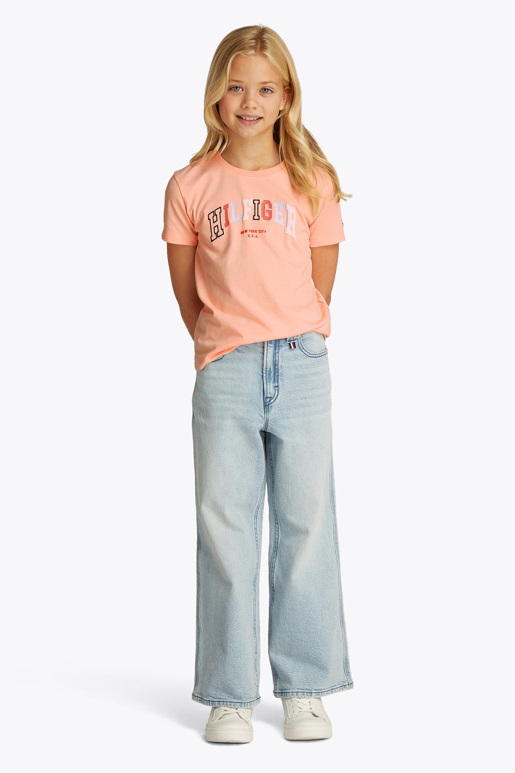 Zalmkleurige meisjes Tommy Hilfiger T-shirt van katoen met logo dessin, korte mouwen en ronde hals