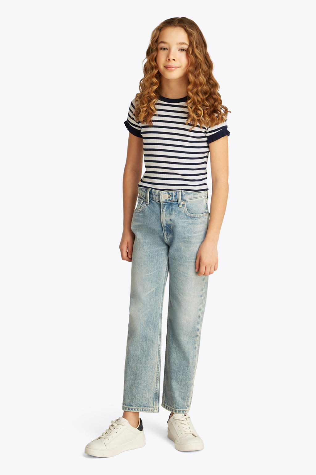 Blauw, donkerblauw en witte meisjes Tommy Hilfiger T-shirt van stretchkatoen met strepenprint, korte mouwen en ronde hals