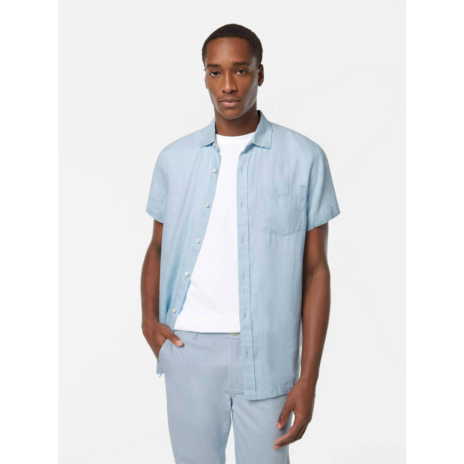 SCOTCH & SODA Heren Overhemden Short-sleeved Regular Fit Linen Shirt Lichtblauw