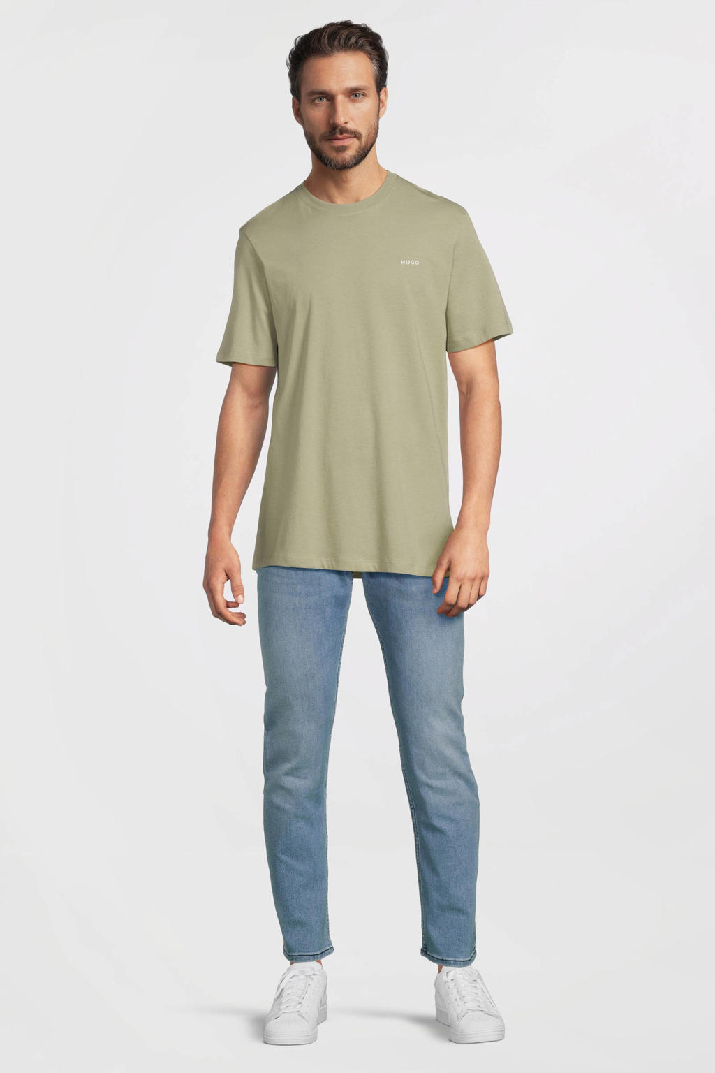 Groene heren HUGO T-shirt van katoen met effen, korte mouwen en ronde hals