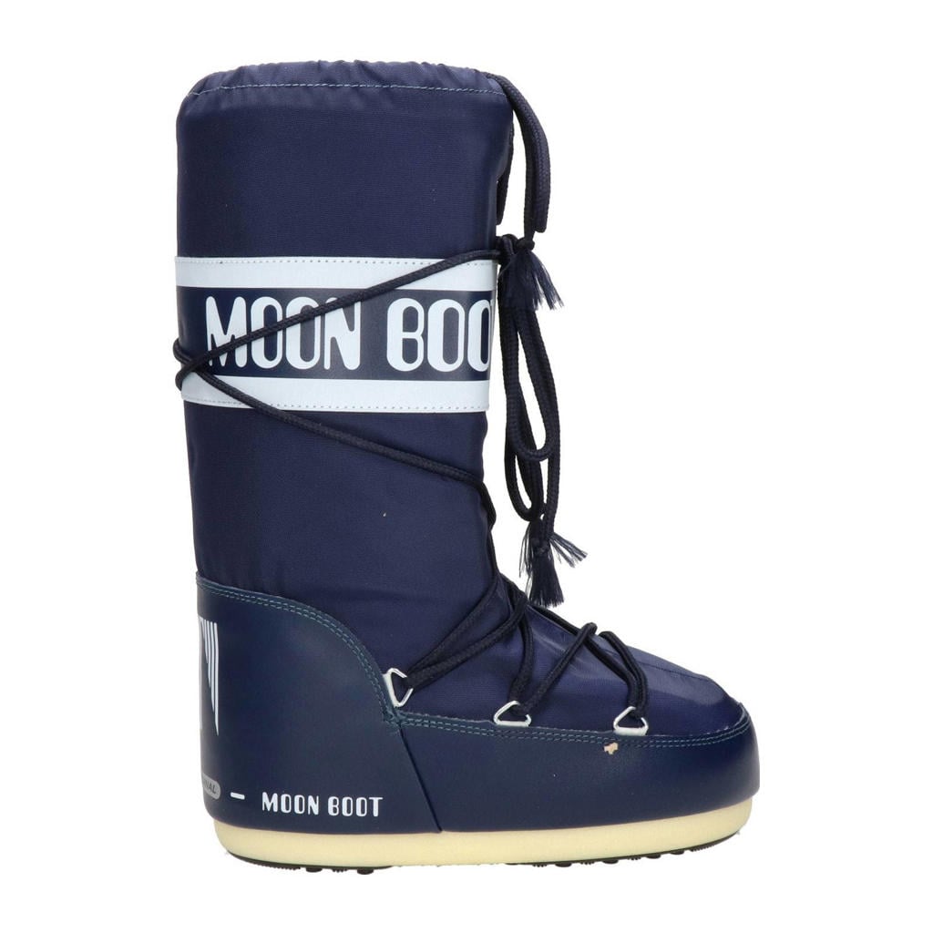 Donkerblauwe unisex Moon Boot The Original snowboots van nylon met profielzool, veters en logo
