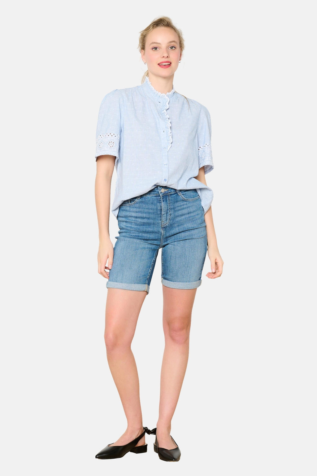Medium blue denim dames LOLALIZA straight regular waist short van stretchdenim met rits- en knoopsluiting en effen
