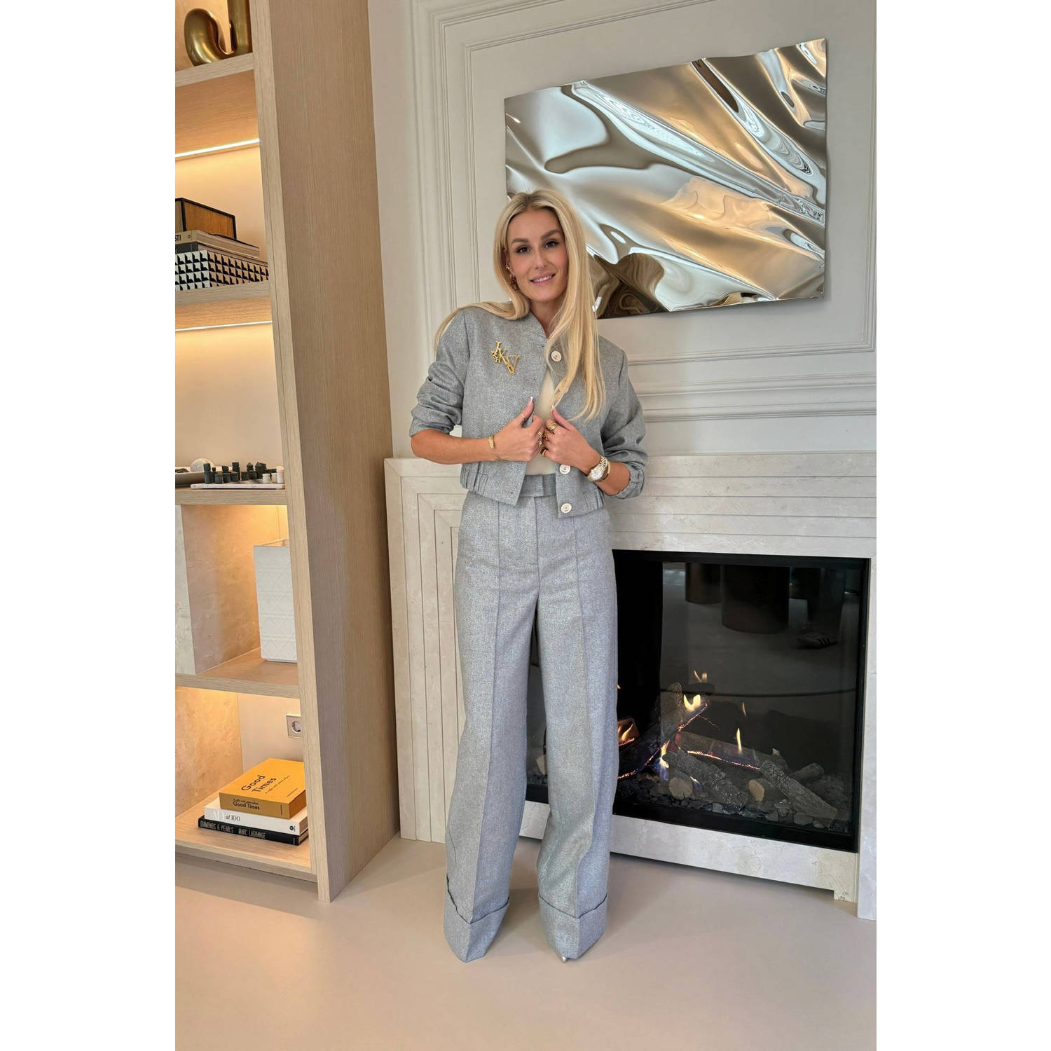 JOSH V straight high waist broek JAGGER zilver met lurex