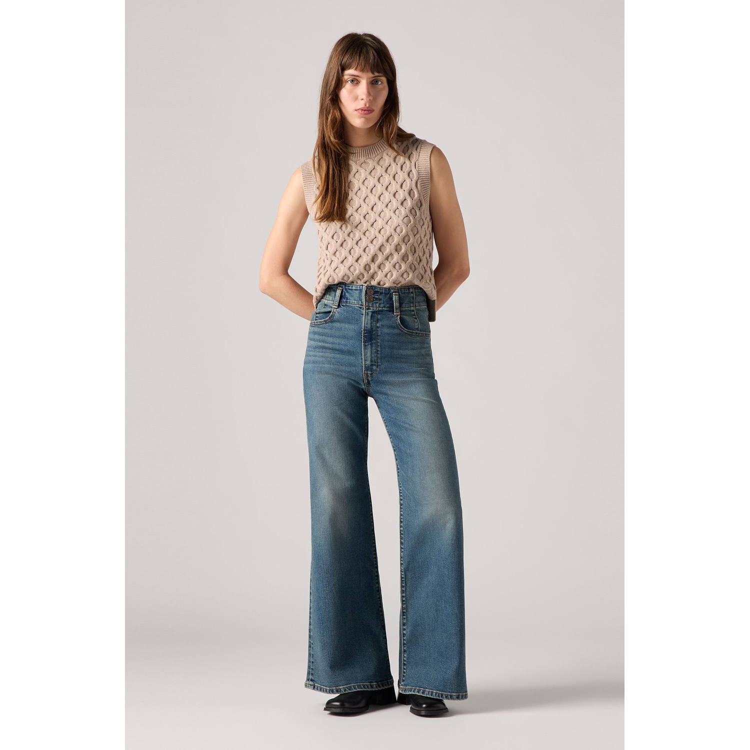 Levi's RIBCAGE BELLS CORSET high waist wide leg jeans medium blue denim