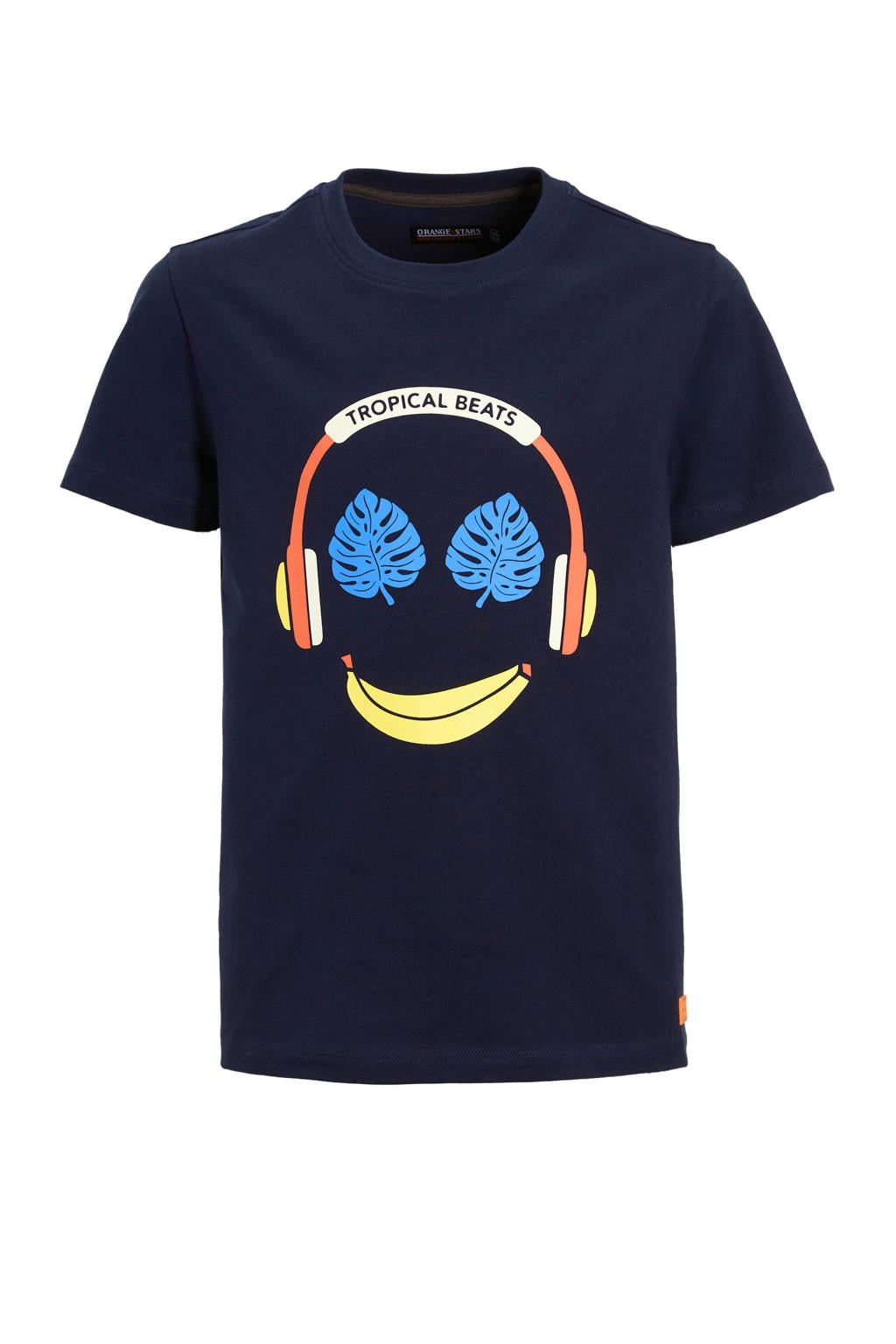 Donkerblauwe jongens Orange Stars T-shirt Pakis van katoen met printopdruk, korte mouwen en ronde hals