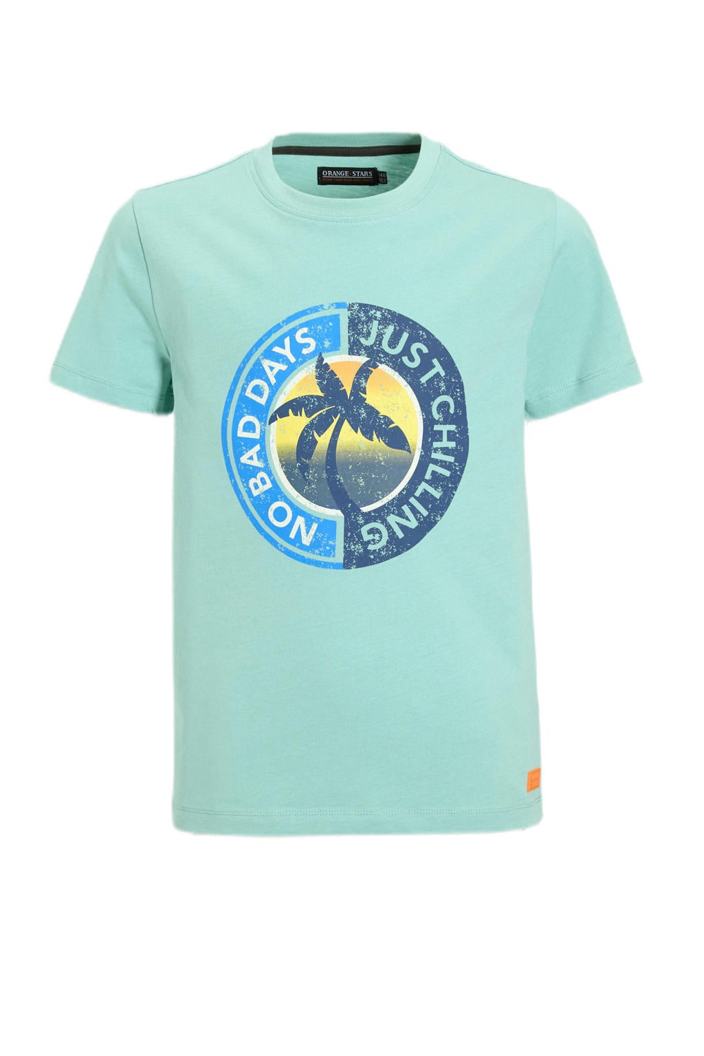 Cyaan jongens Orange Stars T-shirt Pauro van katoen met printopdruk, korte mouwen en ronde hals
