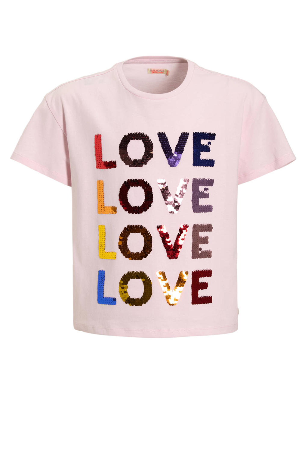 Roze meisjes Orange Stars T-shirt van katoen met meerkleurige print, korte mouwen, ronde hals en pailletten