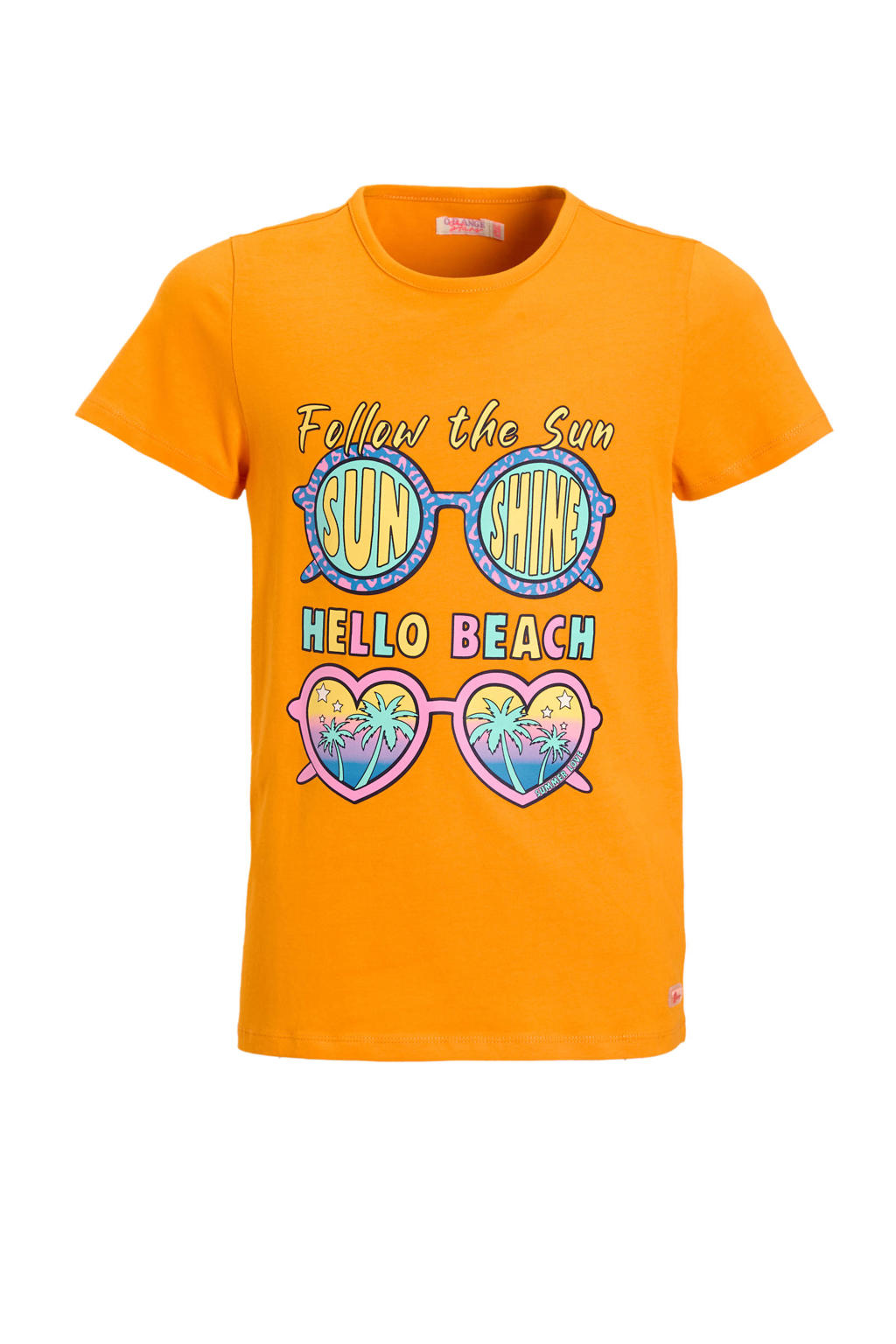 Oranje meisjes Orange Stars T-shirt van katoen met printopdruk, korte mouwen en ronde hals
