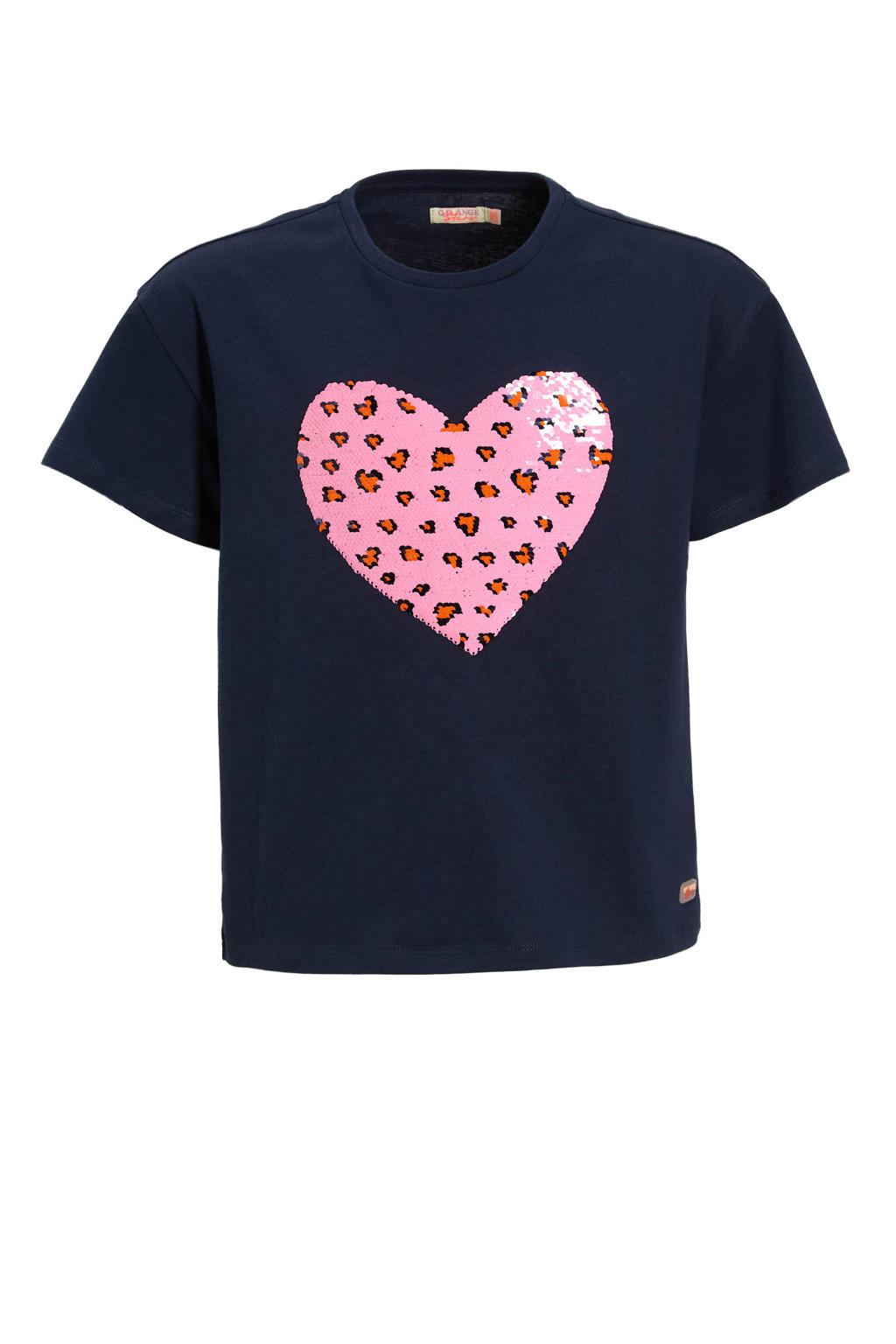 Donkerblauwe meisjes Orange Stars T-shirt van katoen met meerkleurige print, korte mouwen en ronde hals
