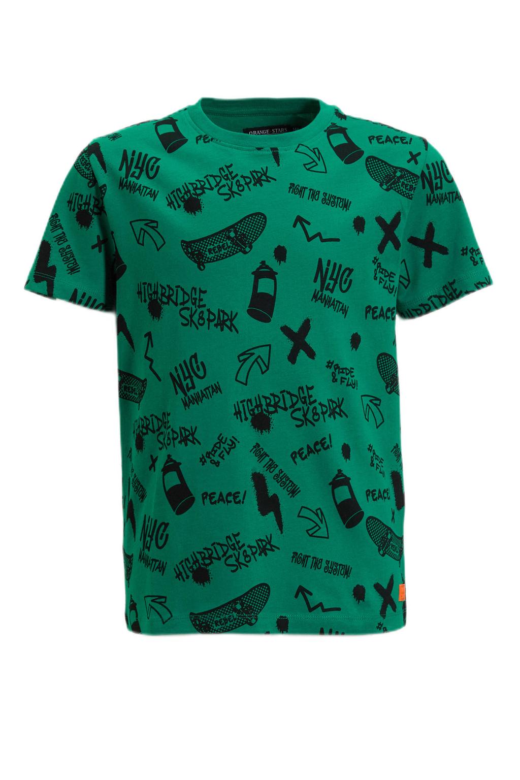 Donkergroene jongens Orange Stars T-shirt print van katoen met korte mouwen en ronde hals